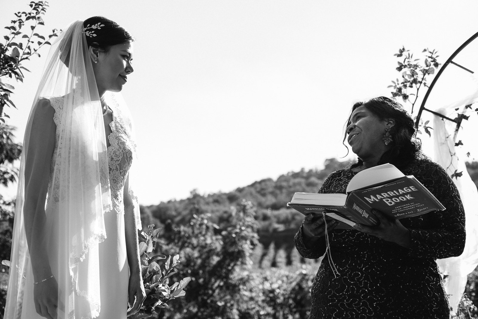 Bride during the ceremony, black and white