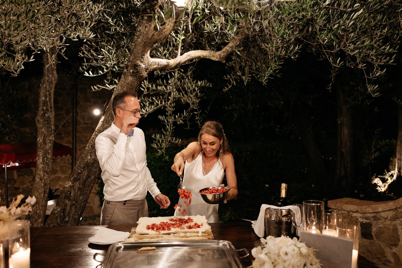 The millefeuille cake being assembled in front of the guests