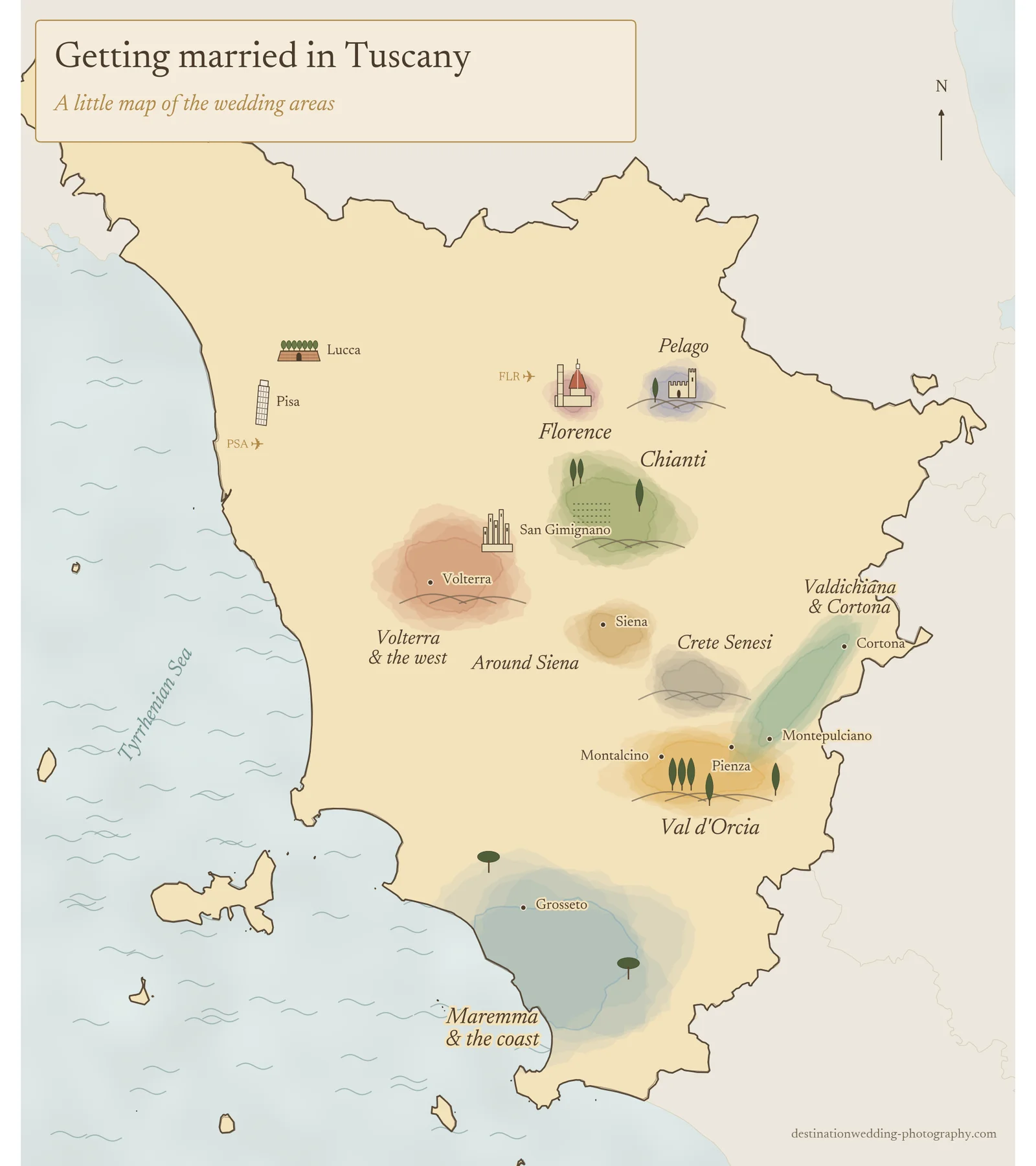 Illustrated map of Tuscany showing the main wedding areas: Florence, Pelago, Chianti, Val d’Orcia, Crete Senesi, Valdichiana, Volterra and Maremma