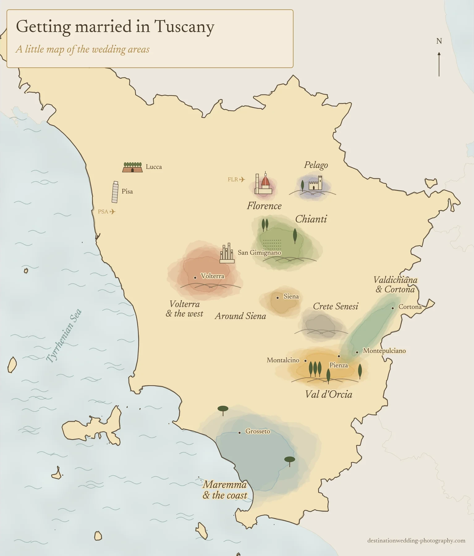Illustrated map of Tuscany showing the main wedding areas: Florence, Pelago, Chianti, Val d’Orcia, Crete Senesi, Valdichiana, Volterra and Maremma